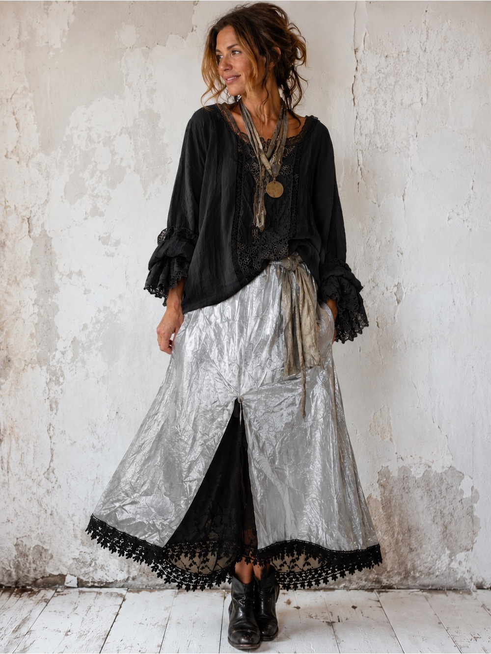 Heart’s Desire Gothic Silver Lace-Trim Slip Skirt‎ Lagenlook cottage core